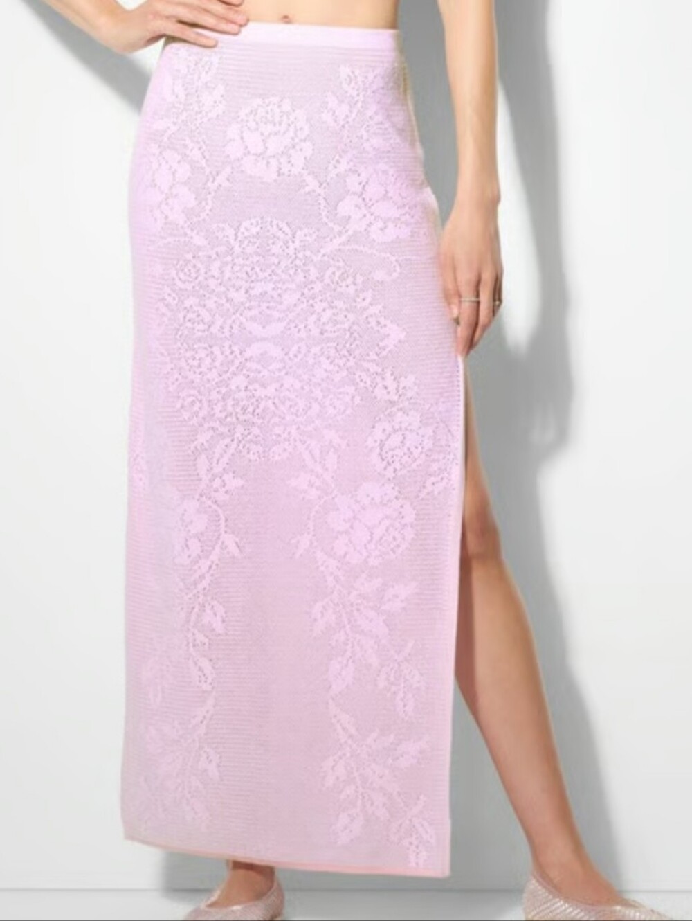 Pink Lace-Pattern Maxi Skirt